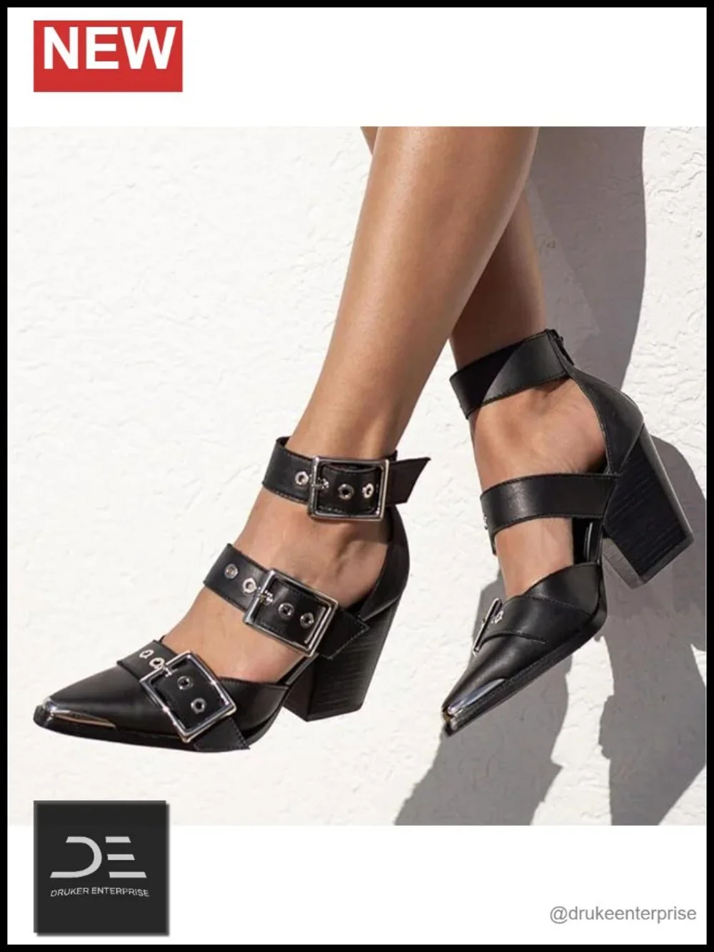 Women's Block Heels PU Leather Pointed Toe Ankle Strap Pumps